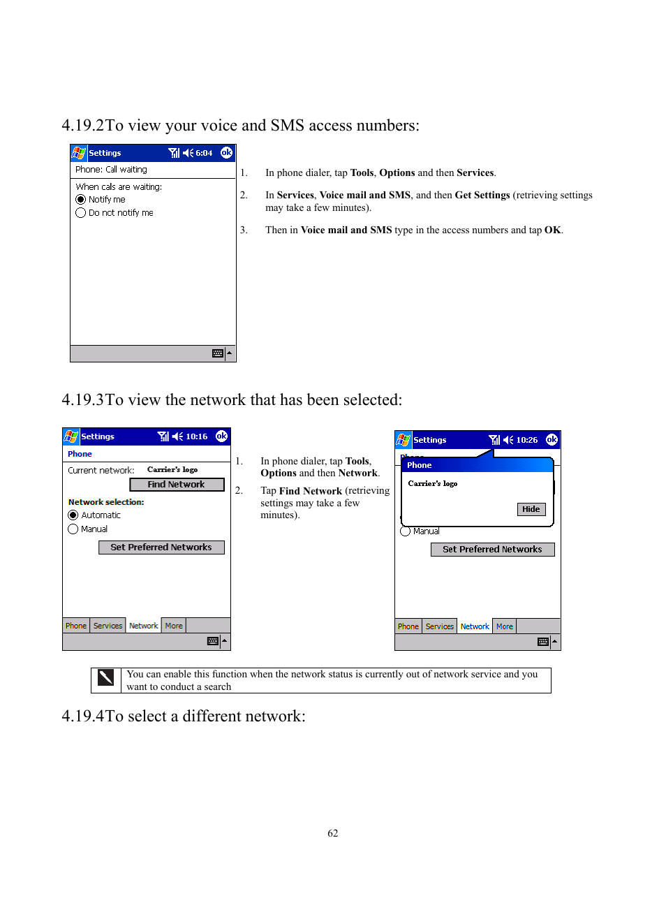 2 to view your voice and sms access numbers, 3 to view the network that has been selected, 4 to select a different network | Siemens SX56 User Manual | Page 74 / 138