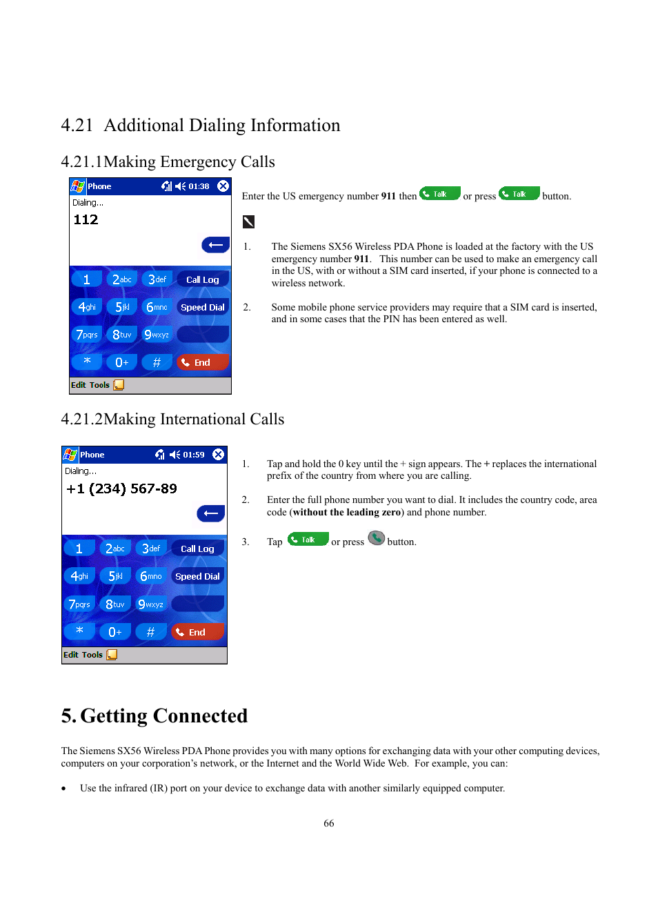 Getting connected, 21 additional dialing information, 1 making emergency calls | 2 making international calls | Siemens SX56 User Manual | Page 78 / 138