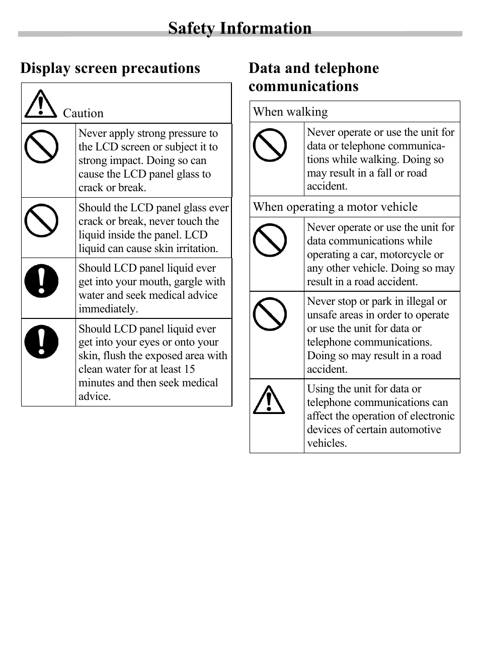 Safety information, Display screen precautions, Data and telephone communications | Siemens SX56 User Manual | Page 8 / 138