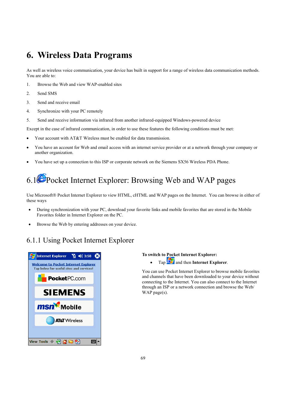 Wireless data programs, 1 using pocket internet explorer | Siemens SX56 User Manual | Page 81 / 138