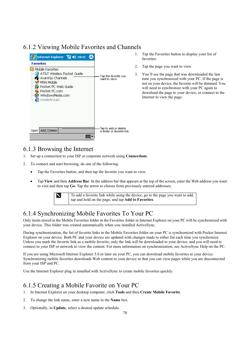 2 viewing mobile favorites and channels, 3 browsing the internet, 4 synchronizing mobile favorites to your pc | 5 creating a mobile favorite on your pc | Siemens SX56 User Manual | Page 82 / 138