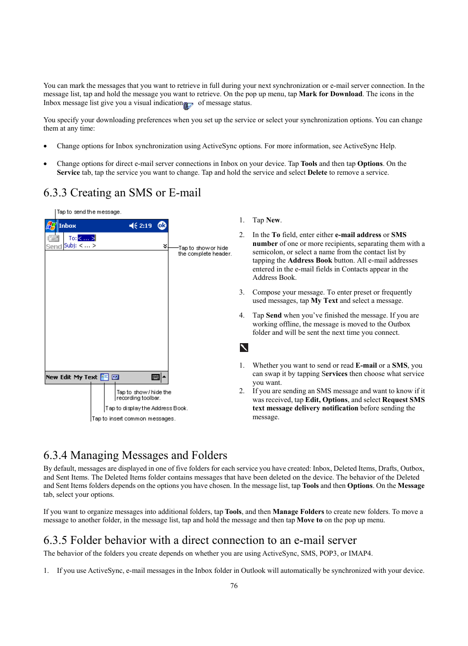 3 creating an sms or e-mail, 4 managing messages and folders | Siemens SX56 User Manual | Page 88 / 138