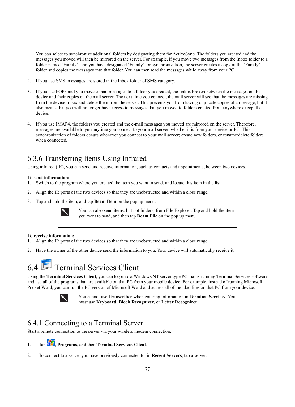 4 terminal services client, 6 transferring items using infrared, 1 connecting to a terminal server | Siemens SX56 User Manual | Page 89 / 138