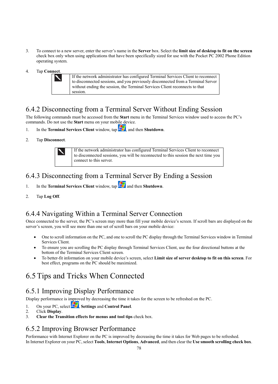 5 tips and tricks when connected, 4 navigating within a terminal server connection, 1 improving display performance | 2 improving browser performance | Siemens SX56 User Manual | Page 90 / 138