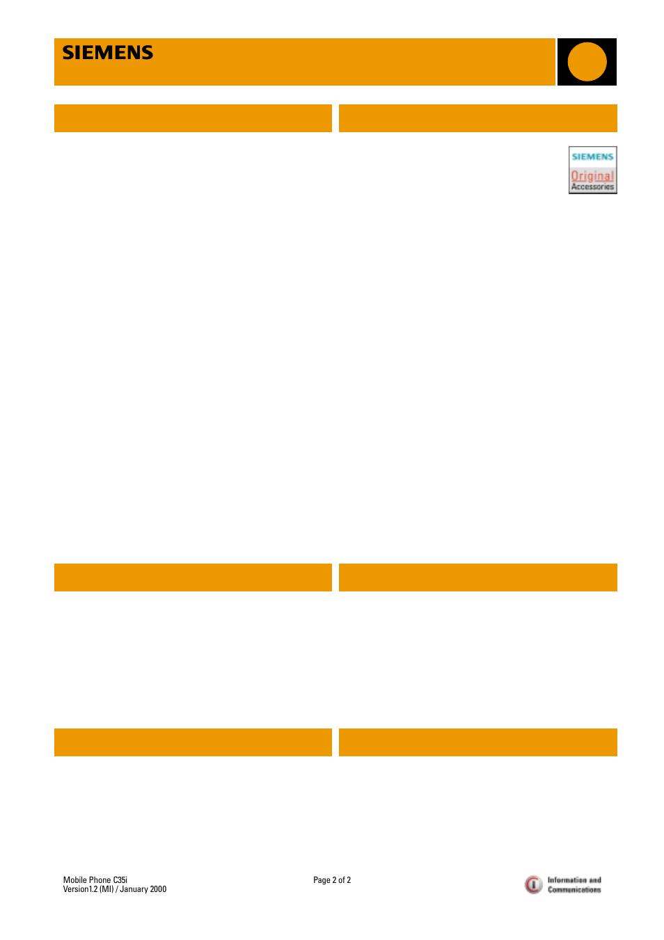 Mobile phone c35i, Supported supplementary services, Data services | Sim functionality / security controls, Original accessories, Colour variants, Standard package, C35i | Siemens Mobile Phone C35i User Manual | Page 2 / 2