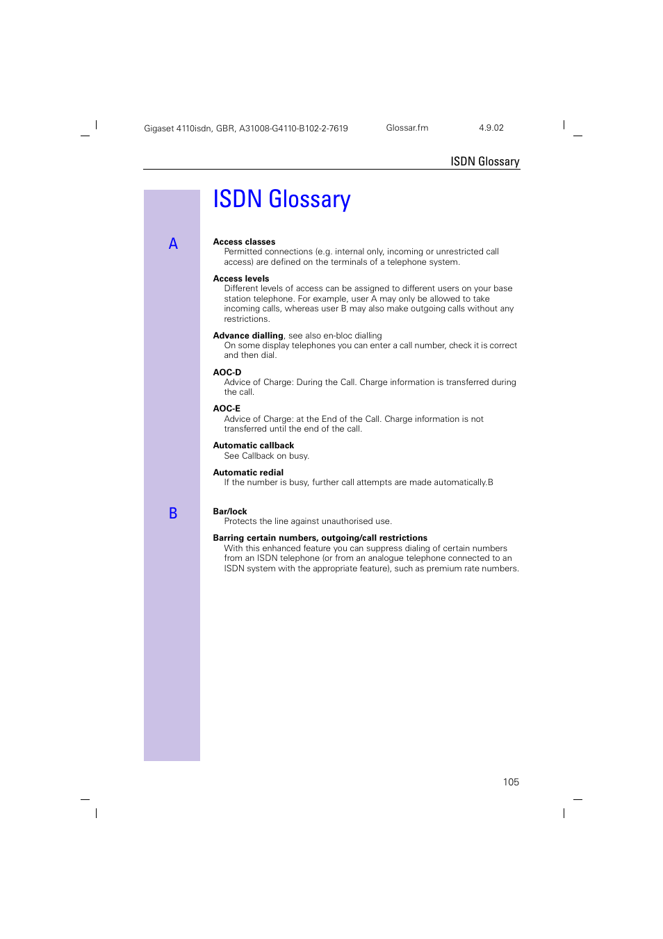 Isdn glossary | Siemens 4110 User Manual | Page 106 / 116