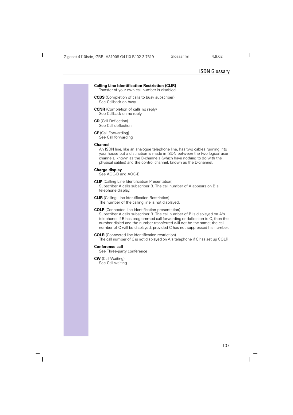 Isdn glossary | Siemens 4110 User Manual | Page 108 / 116