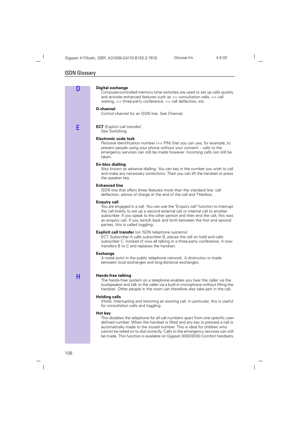 Isdn glossary | Siemens 4110 User Manual | Page 109 / 116