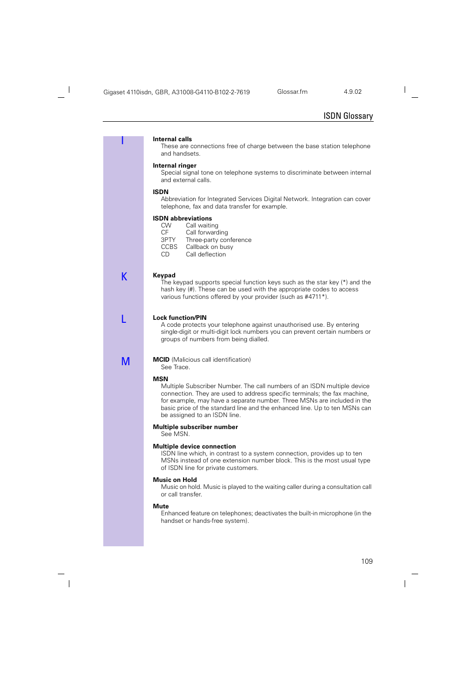 Isdn glossary | Siemens 4110 User Manual | Page 110 / 116