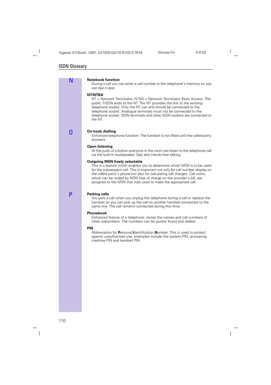 Isdn glossary | Siemens 4110 User Manual | Page 111 / 116