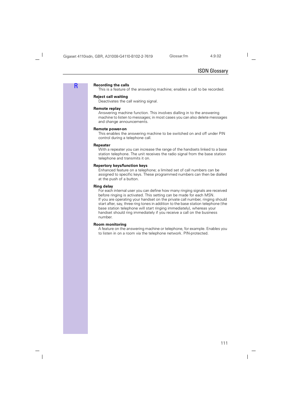 Isdn glossary | Siemens 4110 User Manual | Page 112 / 116