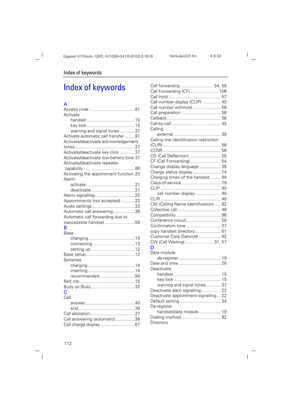 Index of keywords | Siemens 4110 User Manual | Page 113 / 116