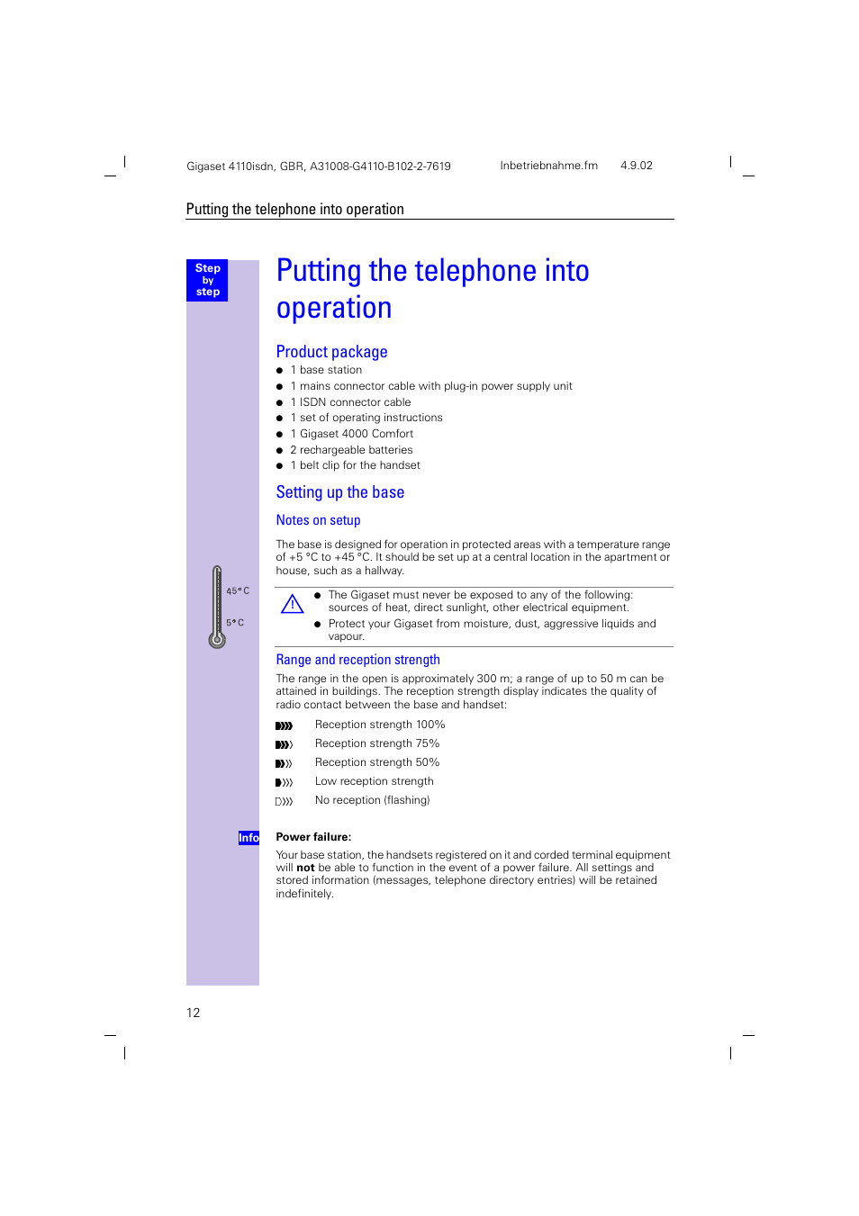 Putting the telephone into operation, Product package, Setting up the base | Putting the telephone into operation, Product package setting up the base, Notes on setup range and reception strength | Siemens 4110 User Manual | Page 13 / 116