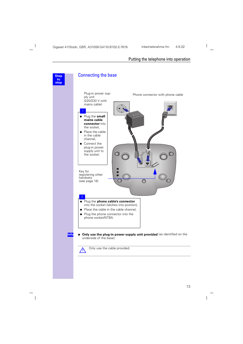 Connecting the base, Putting the telephone into operation | Siemens 4110 User Manual | Page 14 / 116