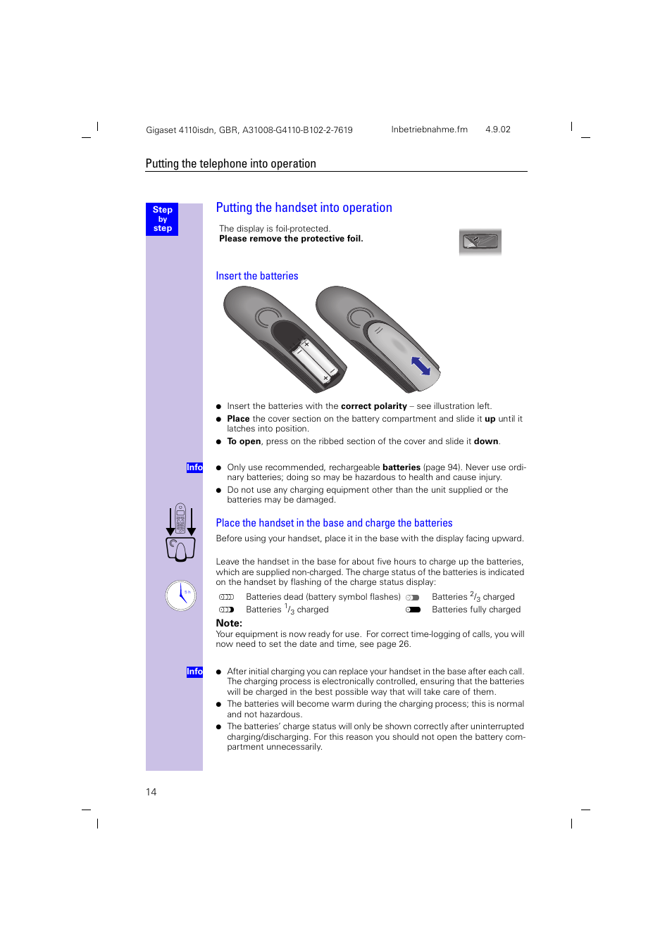 Putting the handset into operation, Putting the telephone into operation | Siemens 4110 User Manual | Page 15 / 116