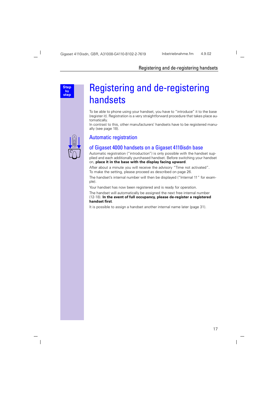 Registering and de-registering handsets, Automatic registration | Siemens 4110 User Manual | Page 18 / 116