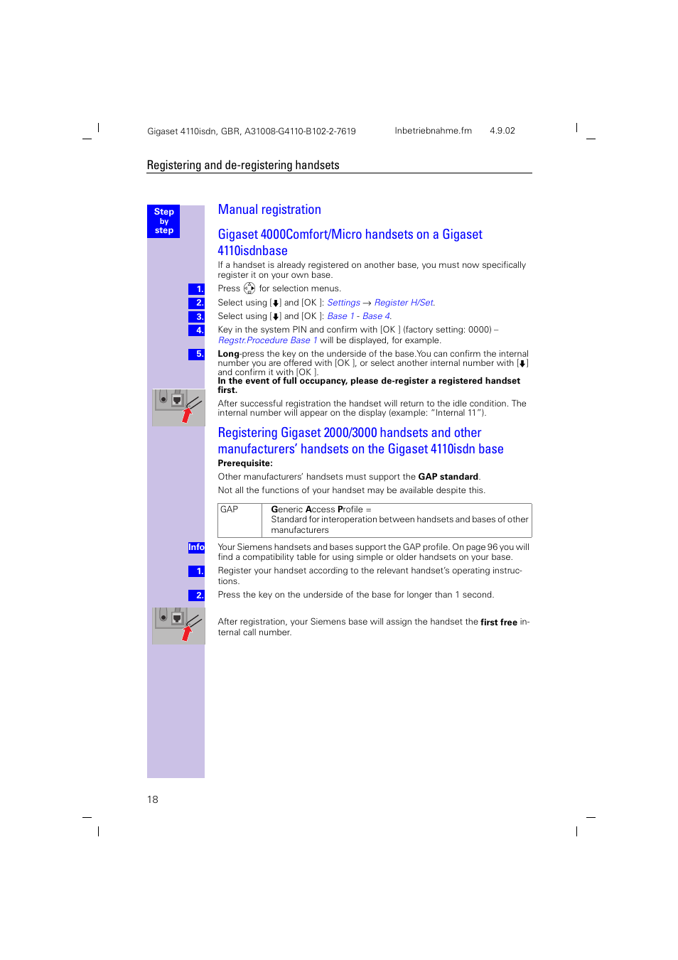 Manual registration, Registering and de-registering handsets | Siemens 4110 User Manual | Page 19 / 116