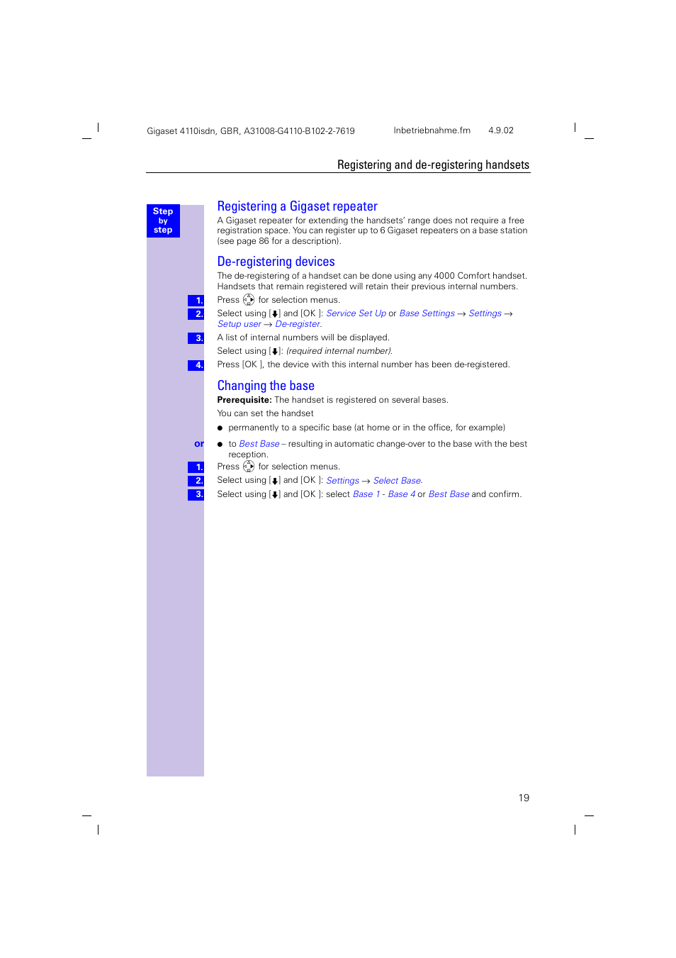 De-registering devices, Changing the base, De-registering devices changing the base | Registering a gigaset repeater, Registering and de-registering handsets | Siemens 4110 User Manual | Page 20 / 116