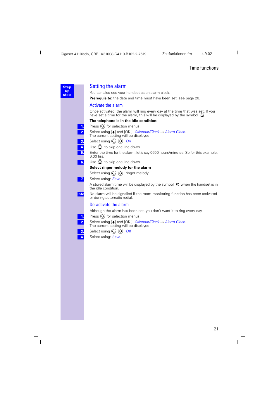 Setting the alarm, Activate the alarm de-activate the alarm, Time functions | Siemens 4110 User Manual | Page 22 / 116