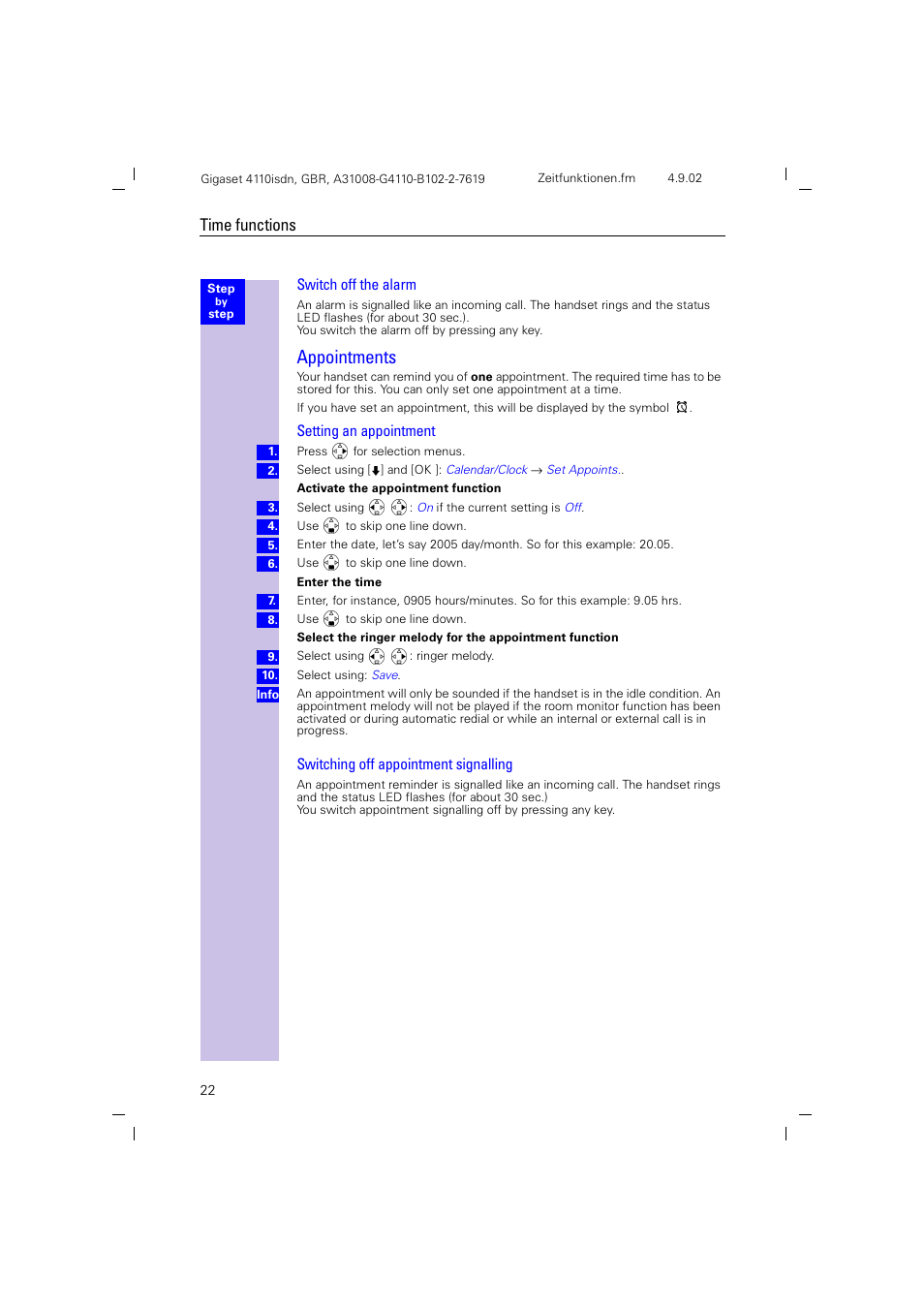 Appointments, Switch off the alarm, Time functions | Siemens 4110 User Manual | Page 23 / 116