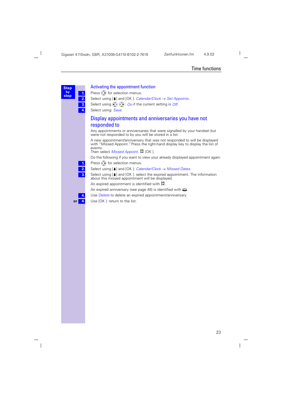 Activating the appointment function, Time functions | Siemens 4110 User Manual | Page 24 / 116