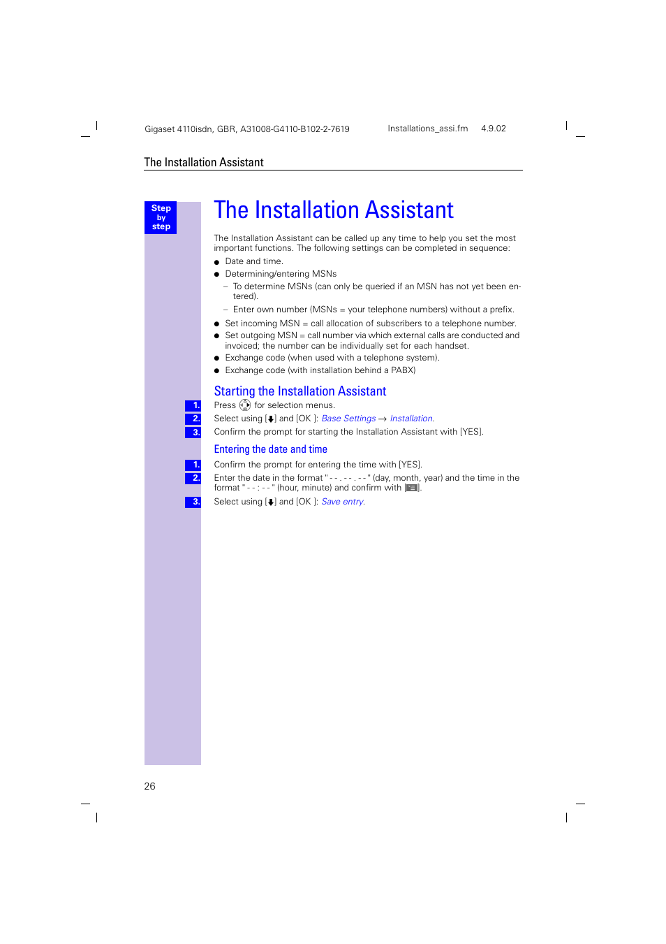 The installation assistant, Starting the installation assistant, Entering the date and time | Siemens 4110 User Manual | Page 27 / 116