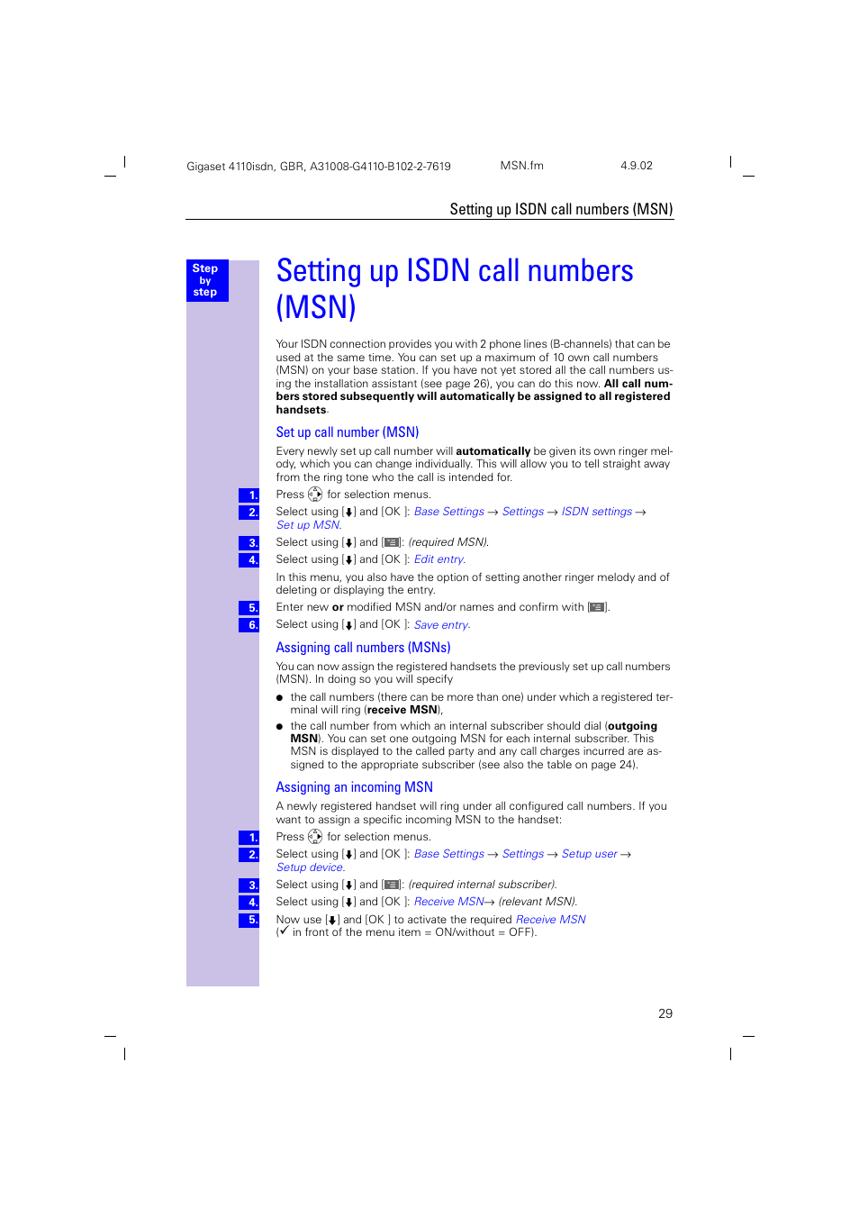 Setting up isdn call numbers (msn) | Siemens 4110 User Manual | Page 30 / 116