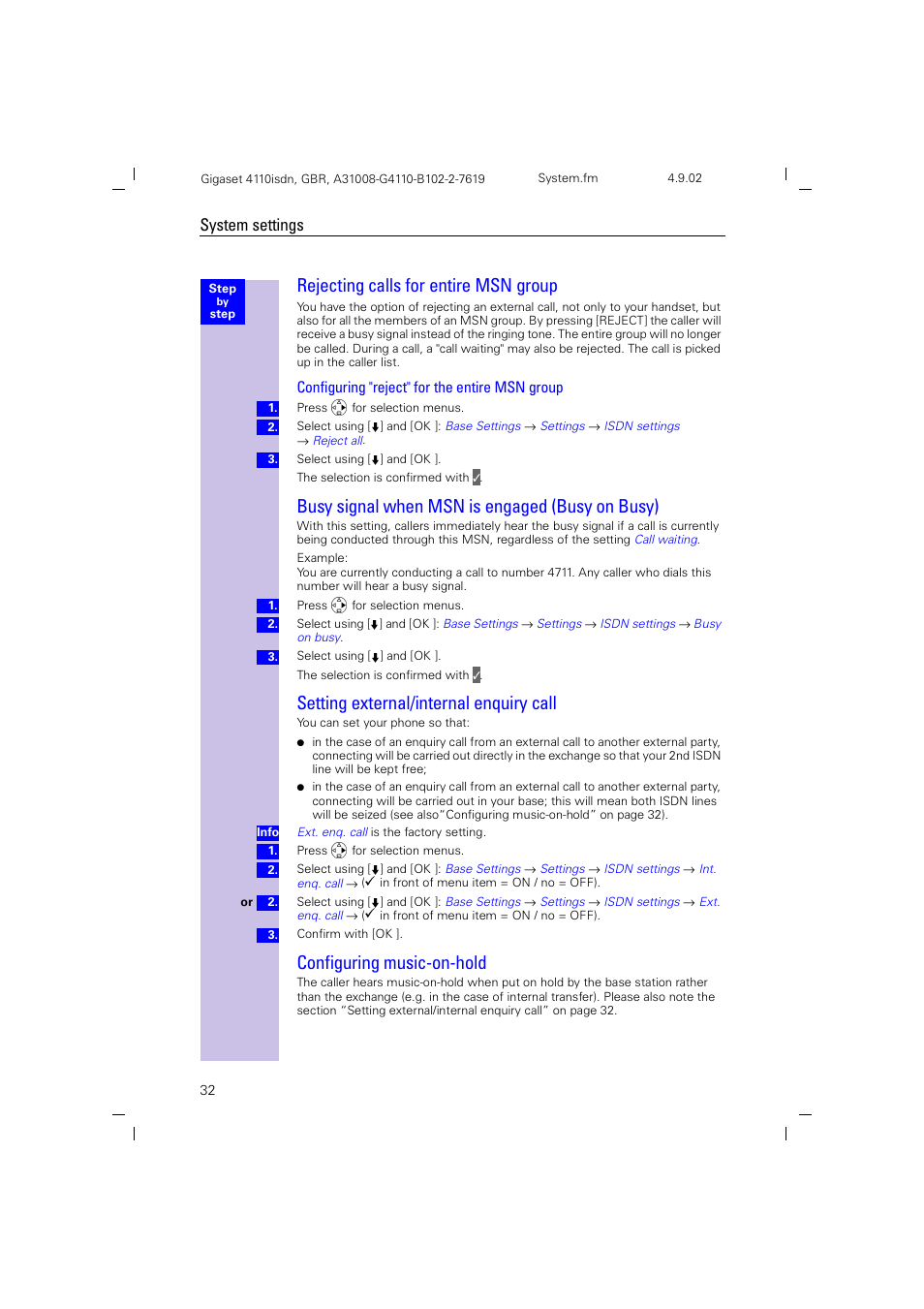 Rejecting calls for entire msn group, Busy signal when msn is engaged (busy on busy), Setting external/internal enquiry call | Configuring music-on-hold, Configuring "reject" for the entire msn group, System settings | Siemens 4110 User Manual | Page 33 / 116