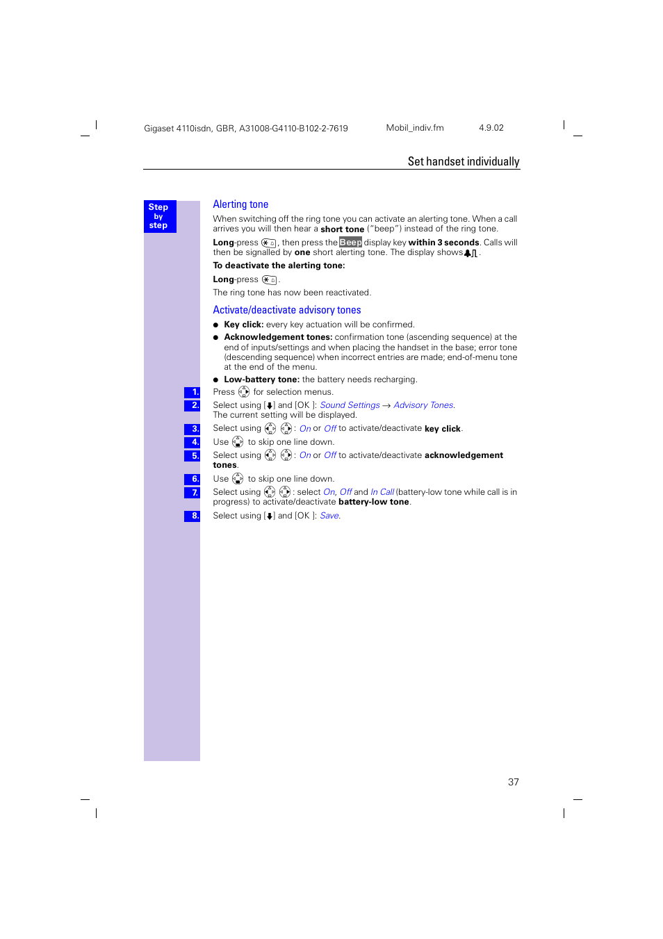 Activate/deactivate advisory tones, Set handset individually | Siemens 4110 User Manual | Page 38 / 116