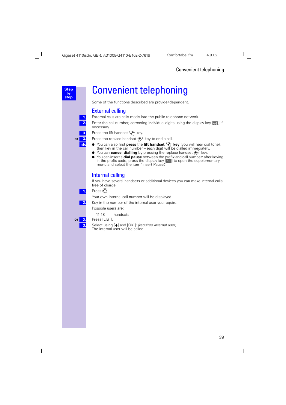 Convenienttelephoning, External calling, Internal calling | Convenient telephoning, External calling internal calling | Siemens 4110 User Manual | Page 40 / 116