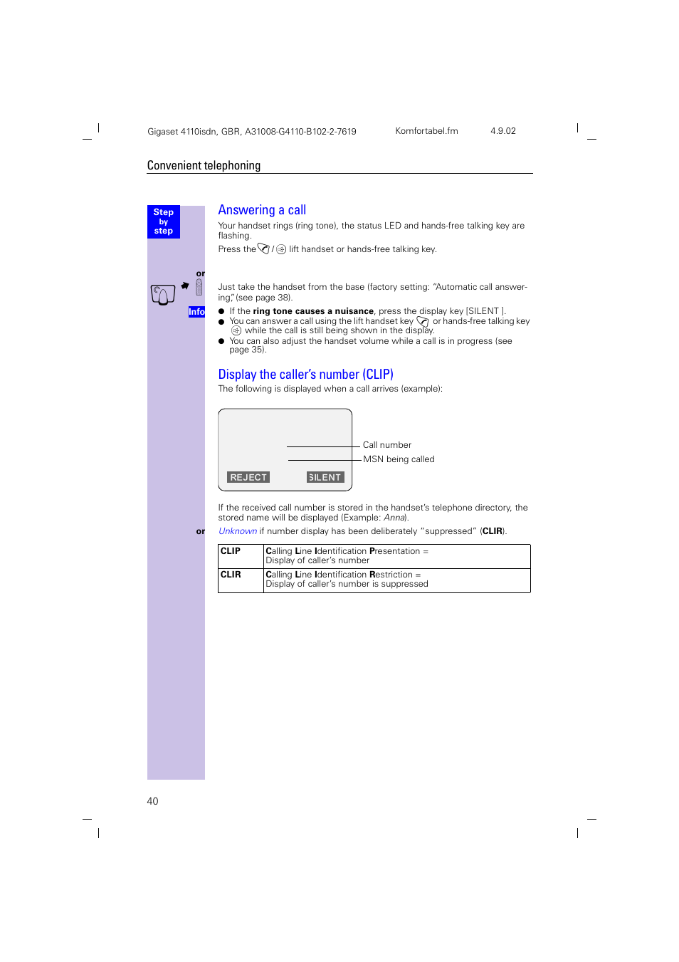 Answering a call, Display the caller’s number (clip), Convenient telephoning | Siemens 4110 User Manual | Page 41 / 116
