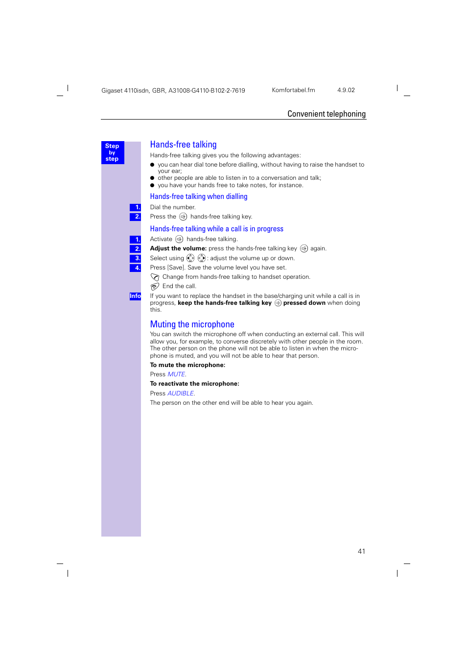 Hands-free talking, Muting the microphone, Convenient telephoning | Siemens 4110 User Manual | Page 42 / 116