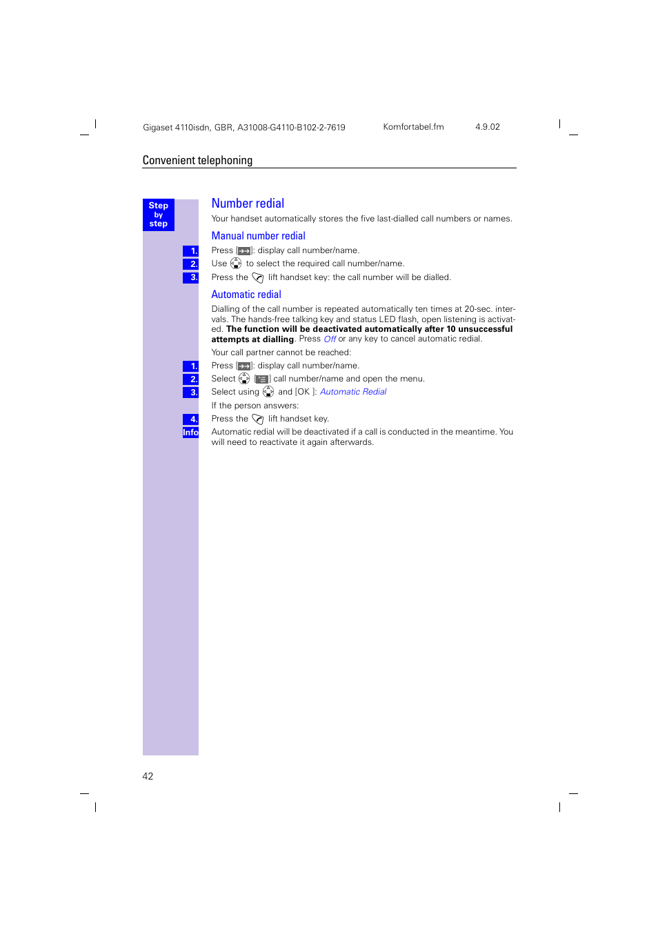 Number redial, Manual number redial automatic redial, Convenient telephoning | Siemens 4110 User Manual | Page 43 / 116