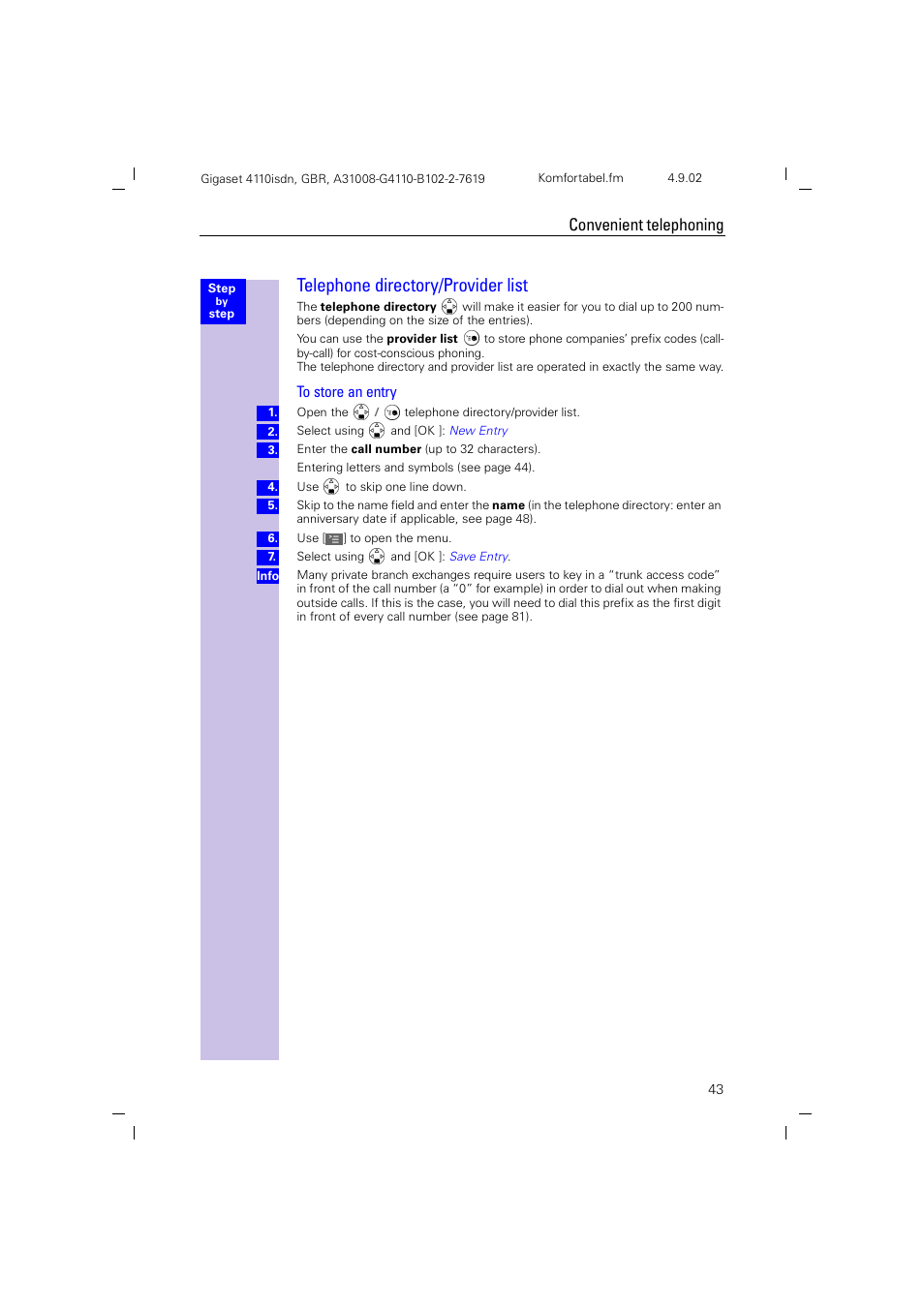 Telephone directory/provider list, To store an entry, Convenient telephoning | Siemens 4110 User Manual | Page 44 / 116