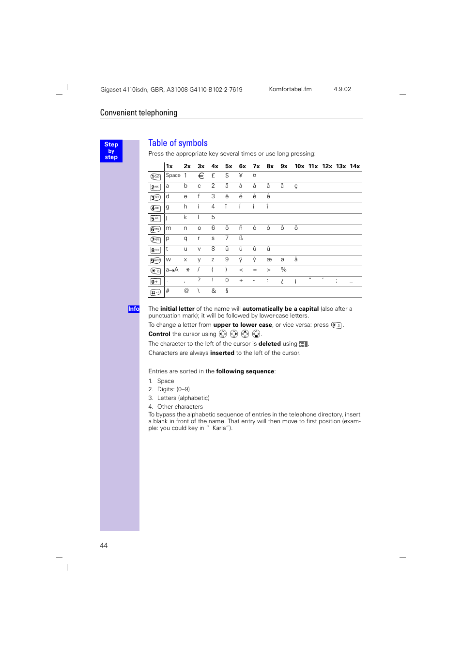 Table of symbols, Convenient telephoning | Siemens 4110 User Manual | Page 45 / 116