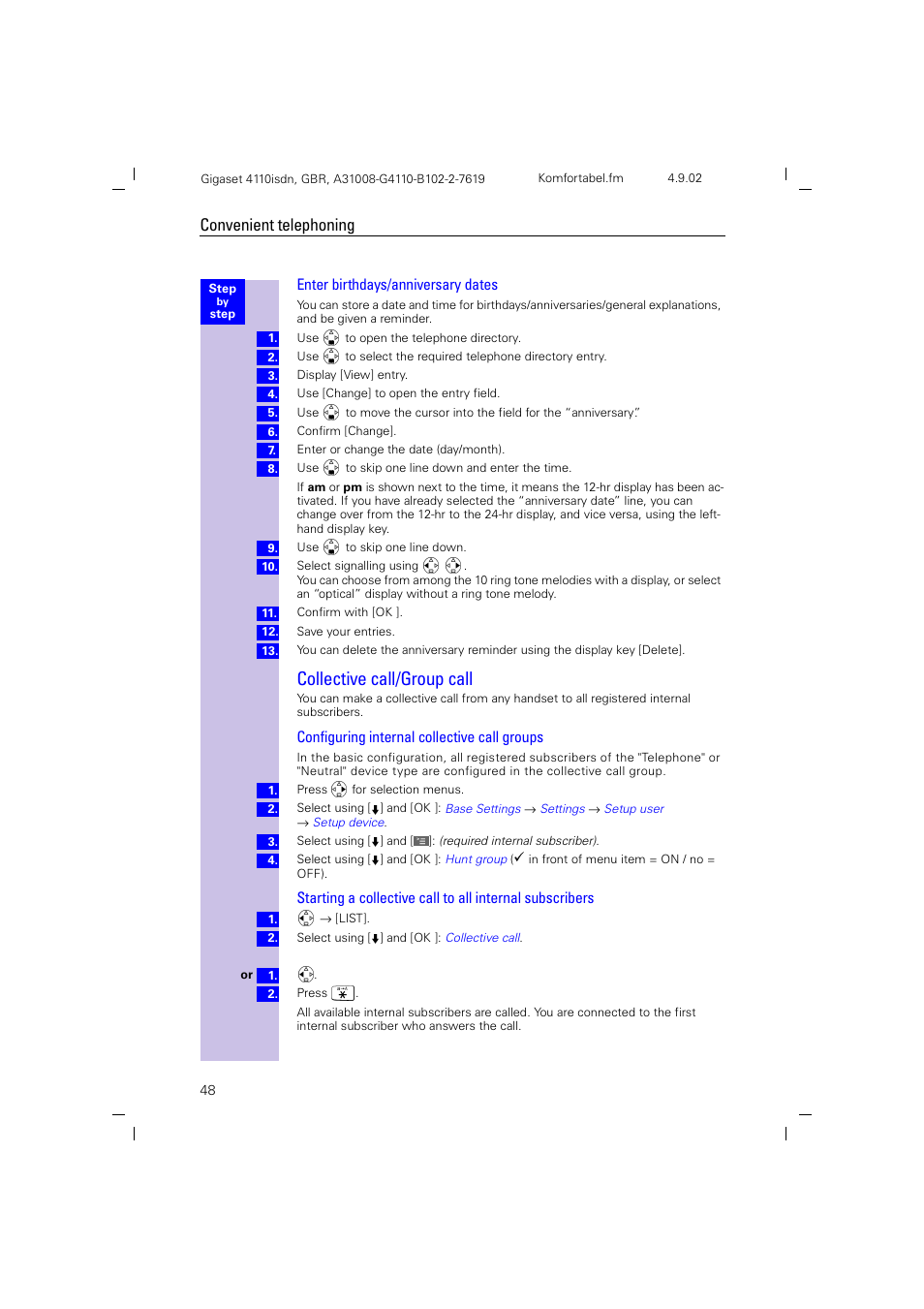 Collective call/group call, Enter birthdays/anniversary dates, Convenient telephoning | Siemens 4110 User Manual | Page 49 / 116