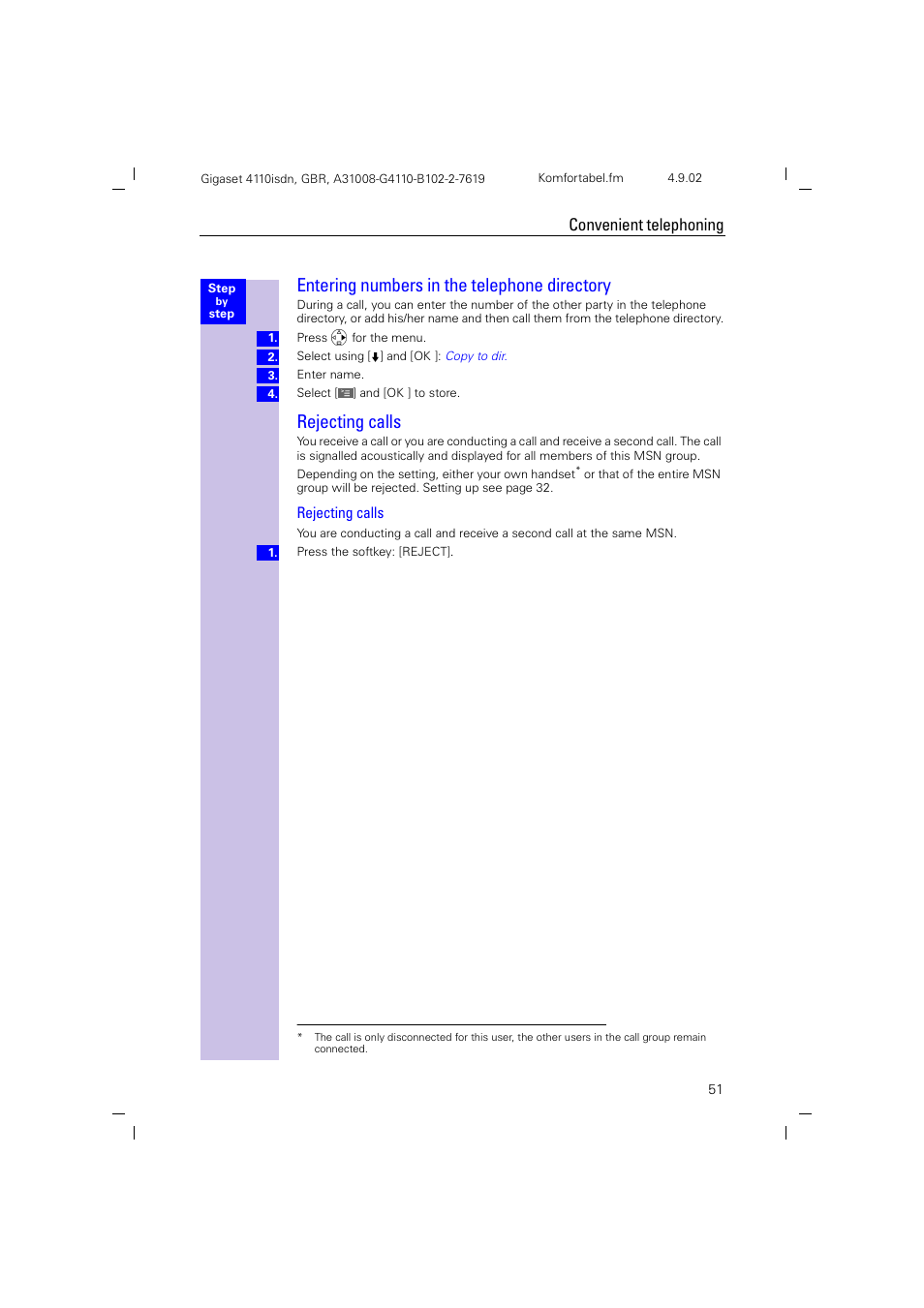 Entering numbers in the telephone directory, Rejecting calls, Convenient telephoning | Siemens 4110 User Manual | Page 52 / 116