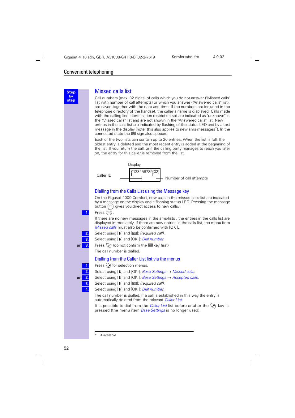 Missed calls list, Convenient telephoning | Siemens 4110 User Manual | Page 53 / 116
