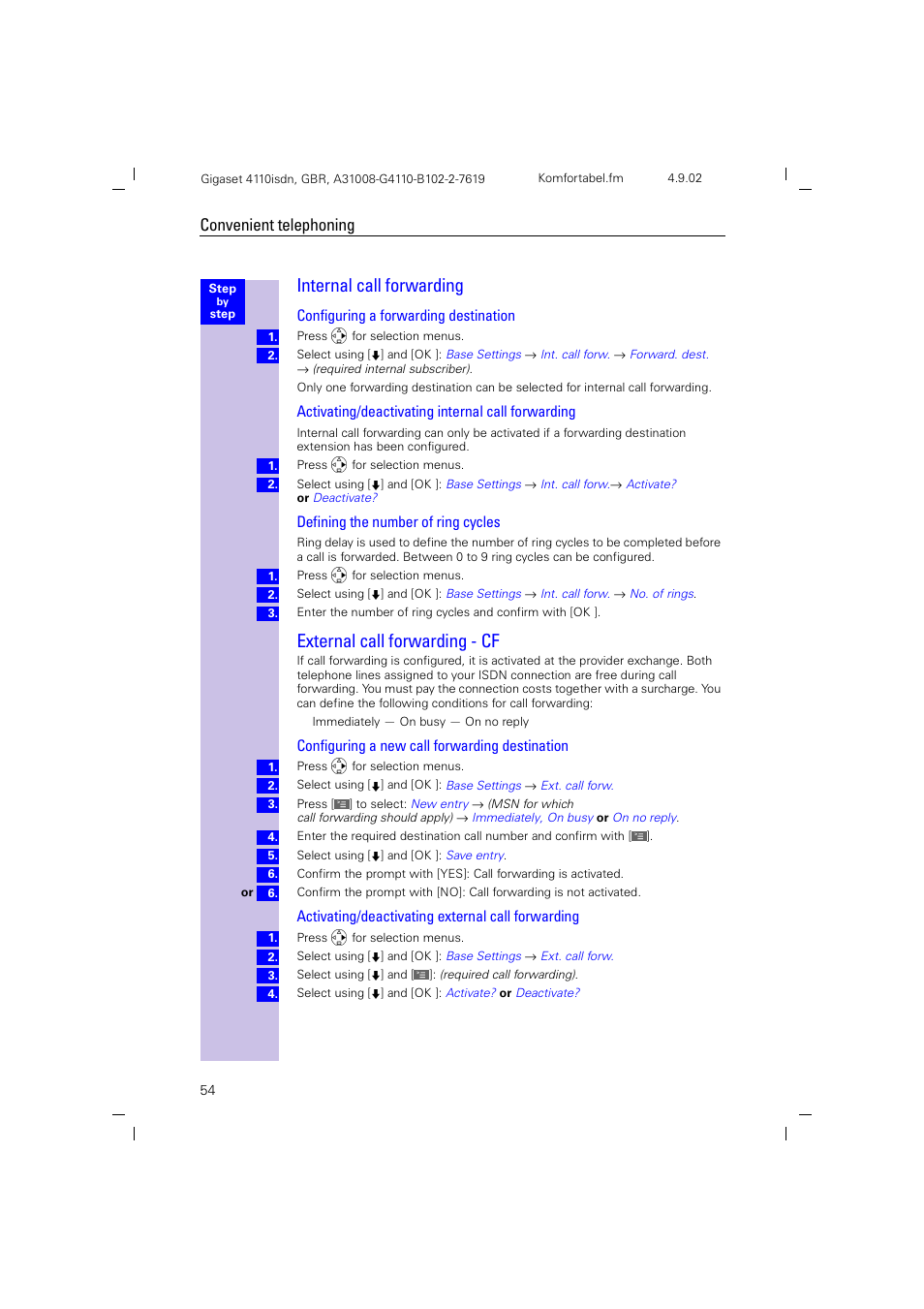 Internal call forwarding, External call forwarding - cf, Convenient telephoning | Siemens 4110 User Manual | Page 55 / 116