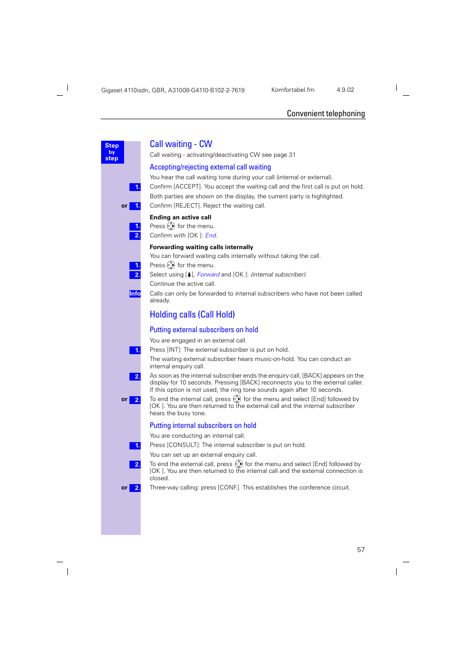 Call waiting - cw, Holding calls (call hold), Accepting/rejecting external call waiting | Convenient telephoning | Siemens 4110 User Manual | Page 58 / 116