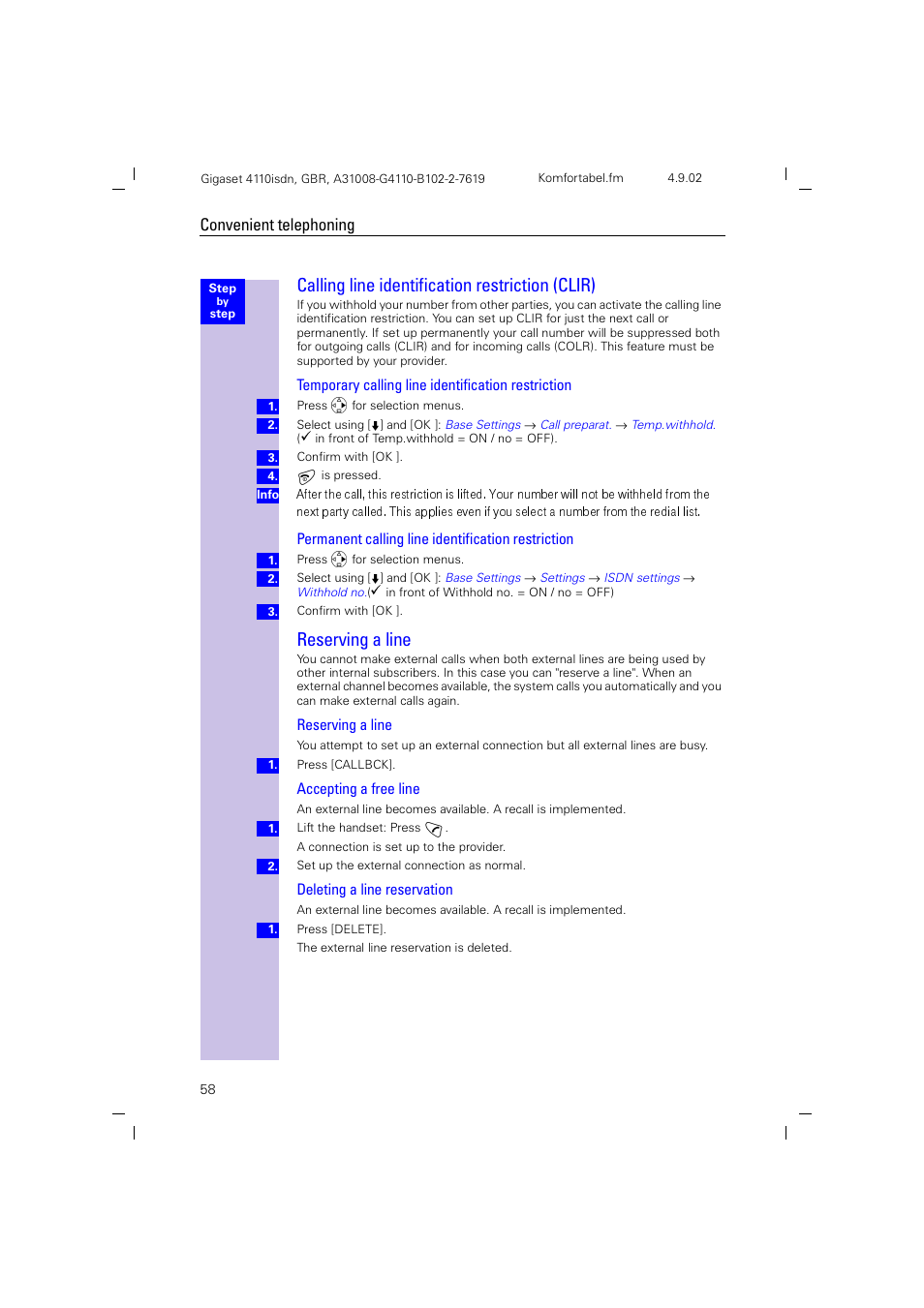 Calling line identification restriction (clir), Reserving a line, Convenient telephoning | Siemens 4110 User Manual | Page 59 / 116