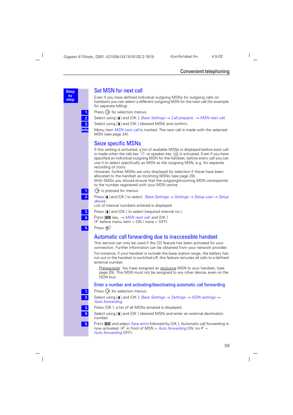 Set msn for next call, Seize specific msns, Convenient telephoning | Siemens 4110 User Manual | Page 60 / 116