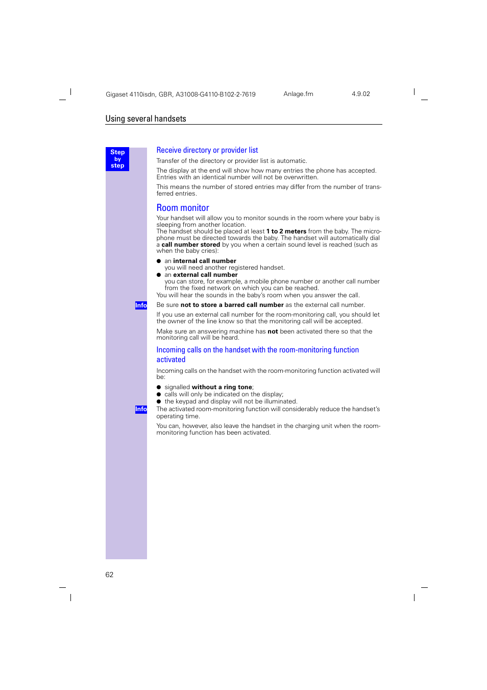 Room monitor, Receive directory or provider list, Using several handsets | Siemens 4110 User Manual | Page 63 / 116