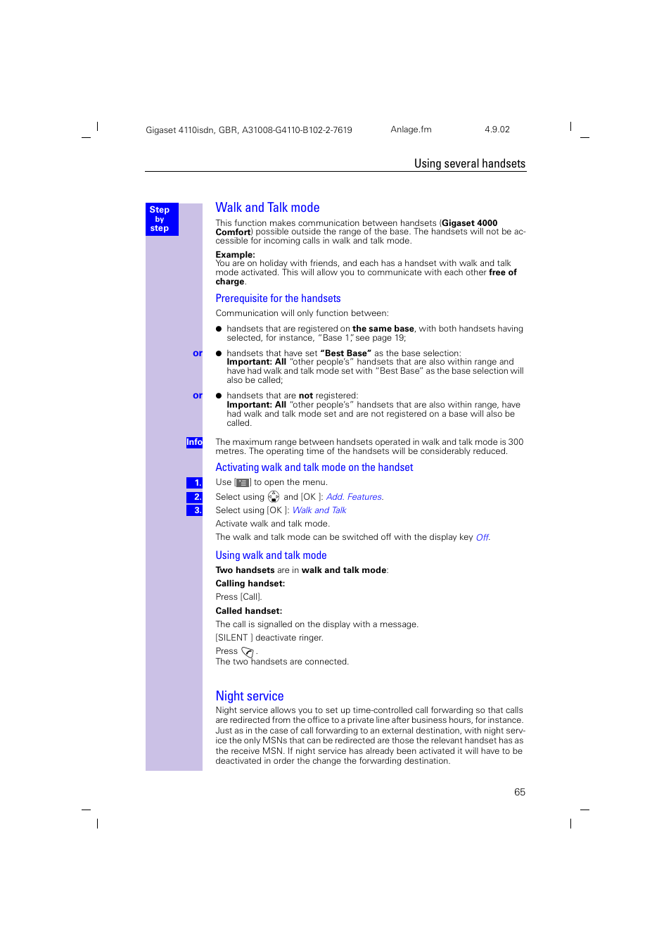 Walk and talk mode, Night service, Using several handsets | Siemens 4110 User Manual | Page 66 / 116