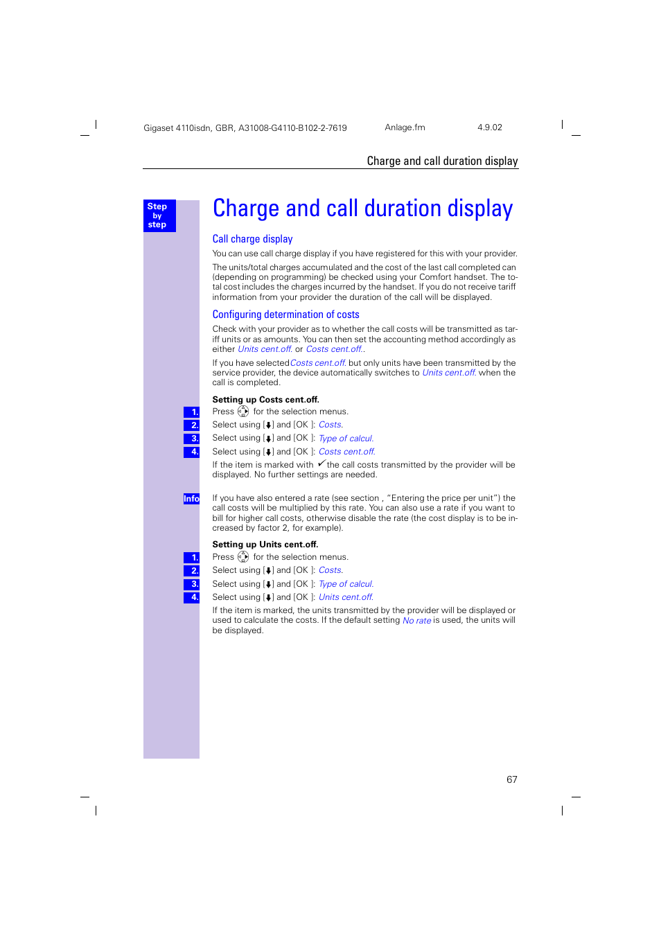 Charge and call duration display | Siemens 4110 User Manual | Page 68 / 116