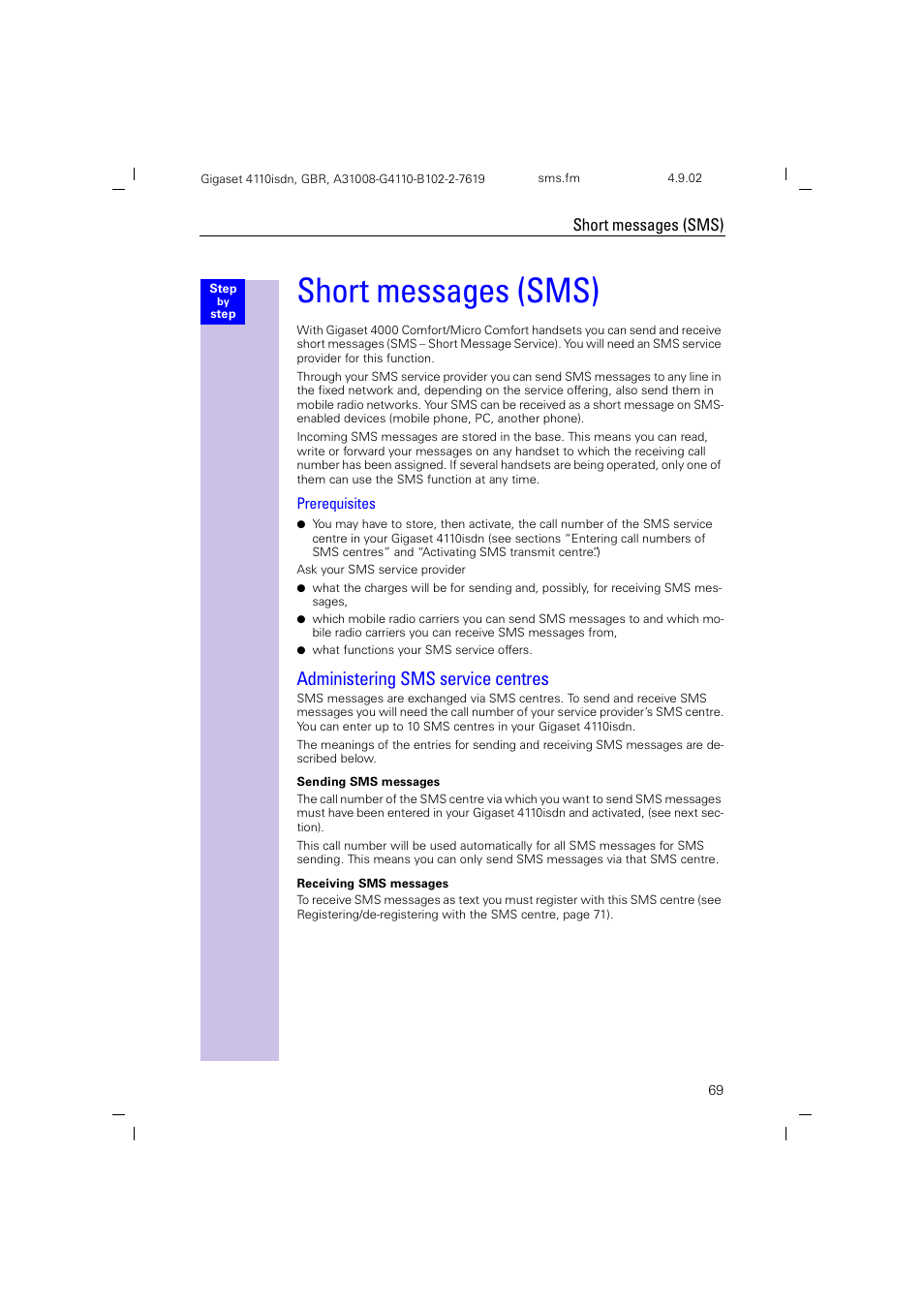 Short messages(sms), Administering sms service centres, Short messages (sms) | Prerequisites | Siemens 4110 User Manual | Page 70 / 116