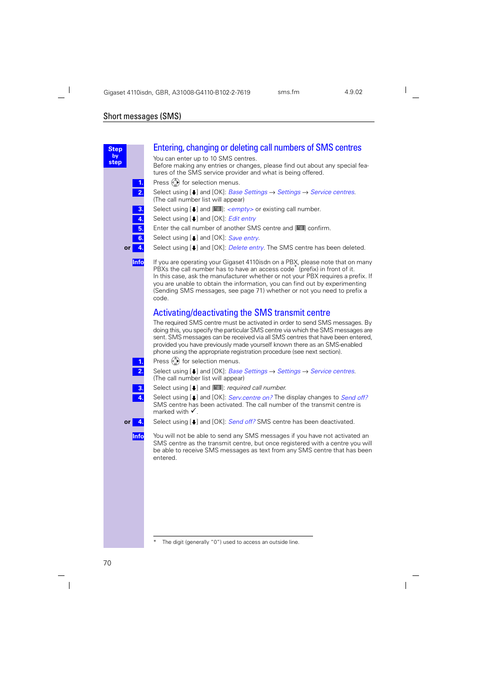 Activating/deactivating the sms transmit centre, Short messages (sms) | Siemens 4110 User Manual | Page 71 / 116