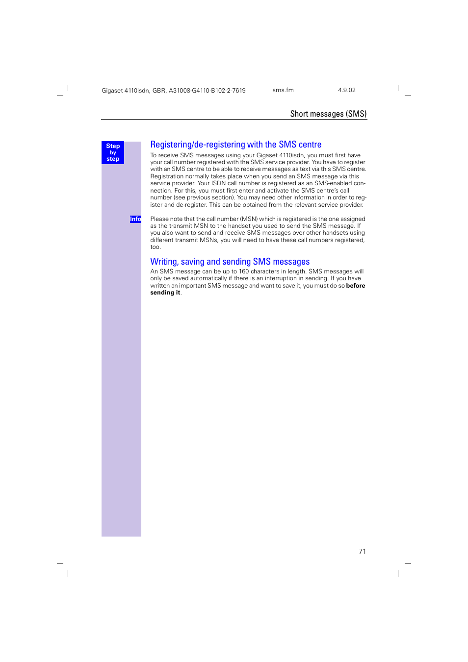 Registering/de-registering with the sms centre, Writing, saving and sending sms messages, Short messages (sms) | Siemens 4110 User Manual | Page 72 / 116