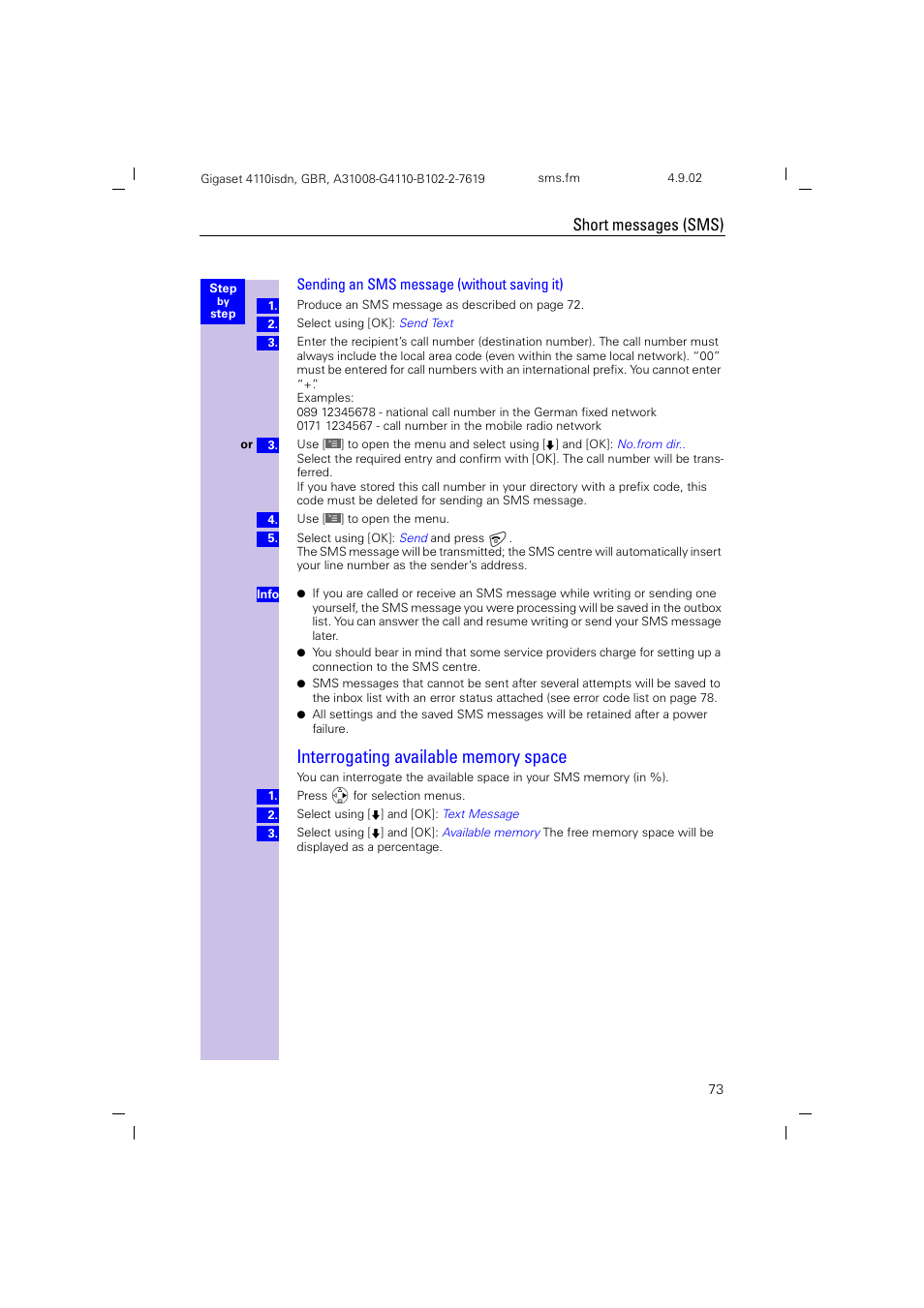 Interrogating available memory space, Sending an sms message (without saving it), Short messages (sms) | Siemens 4110 User Manual | Page 74 / 116