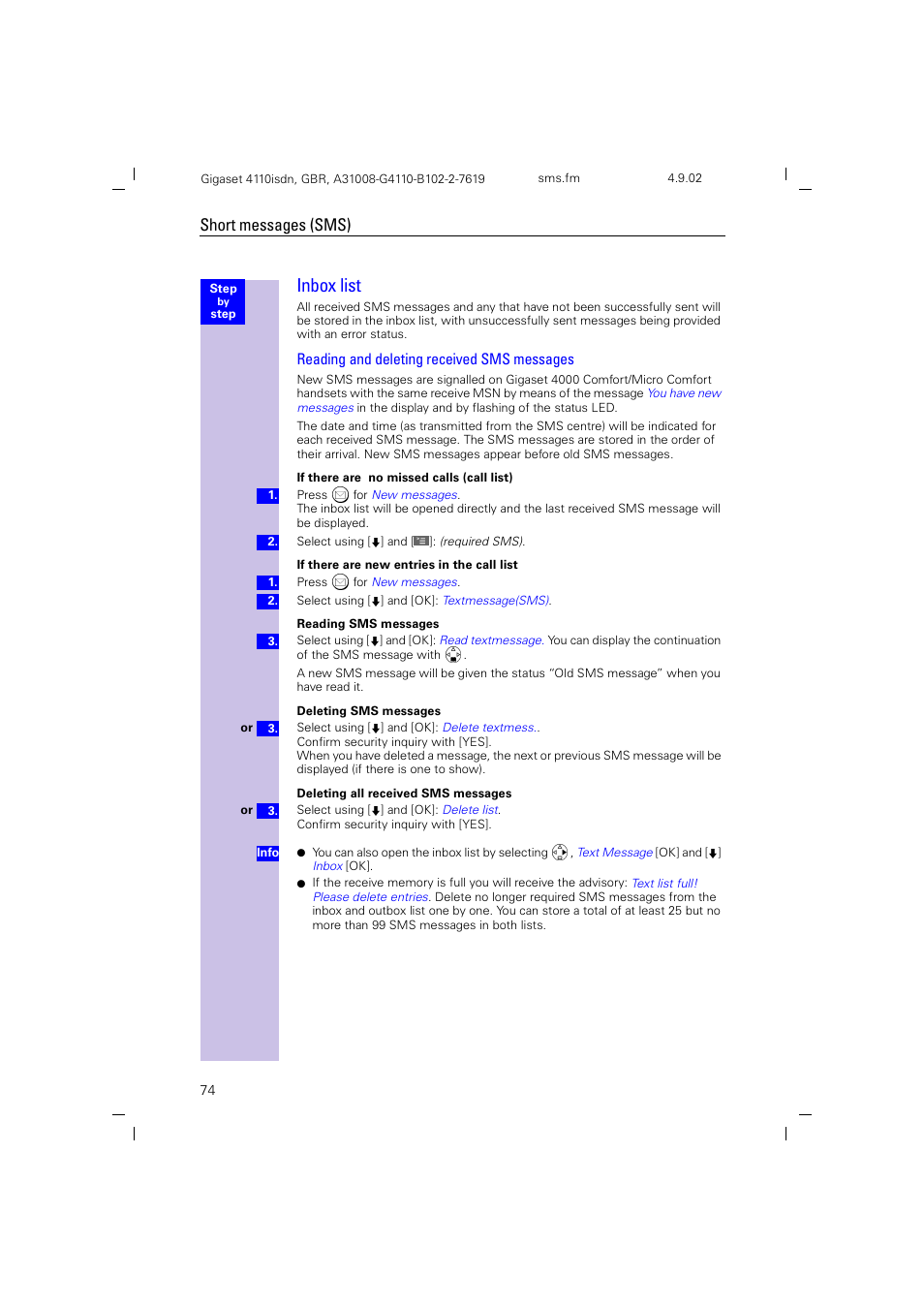 Inbox list, Reading and deleting received sms messages, Short messages (sms) | Siemens 4110 User Manual | Page 75 / 116